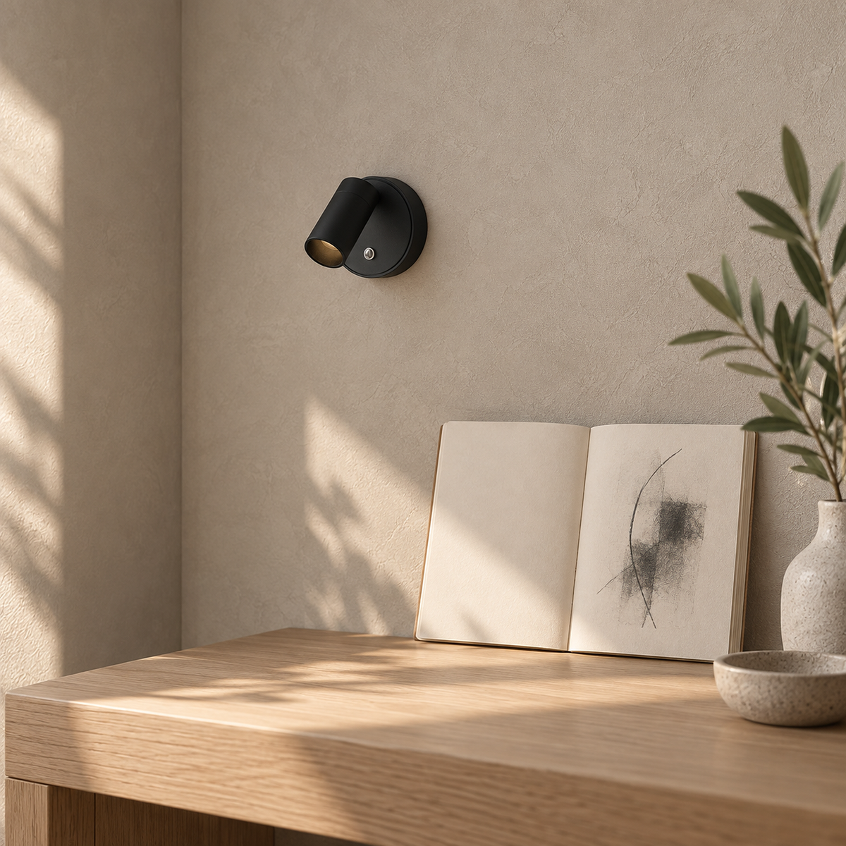 Nocarel black wireless wall light switched off beside a sketchbook in a sunlit study nook
