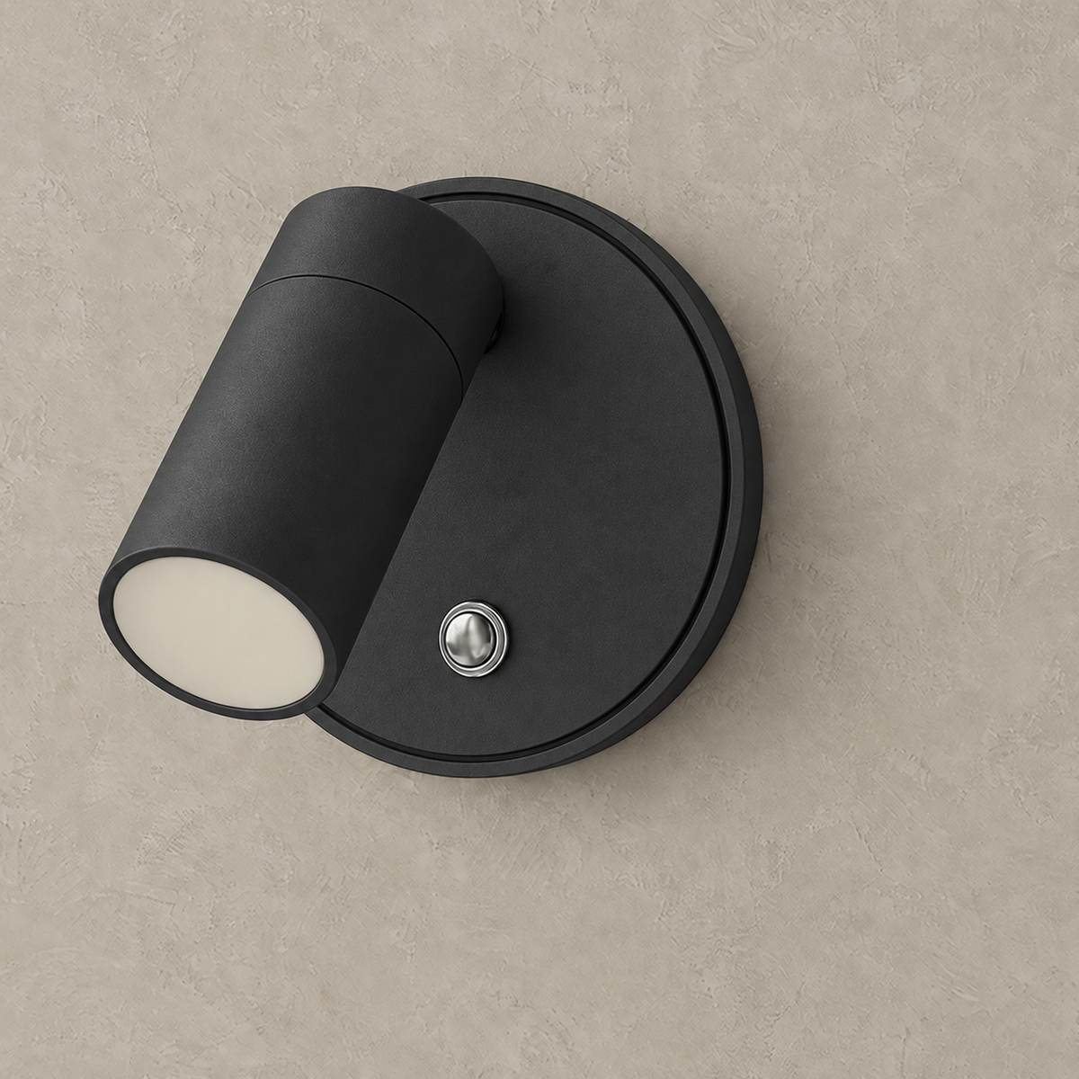 Nocarel rechargeable wall sconce in black mounted on greige plaster with its light switched off