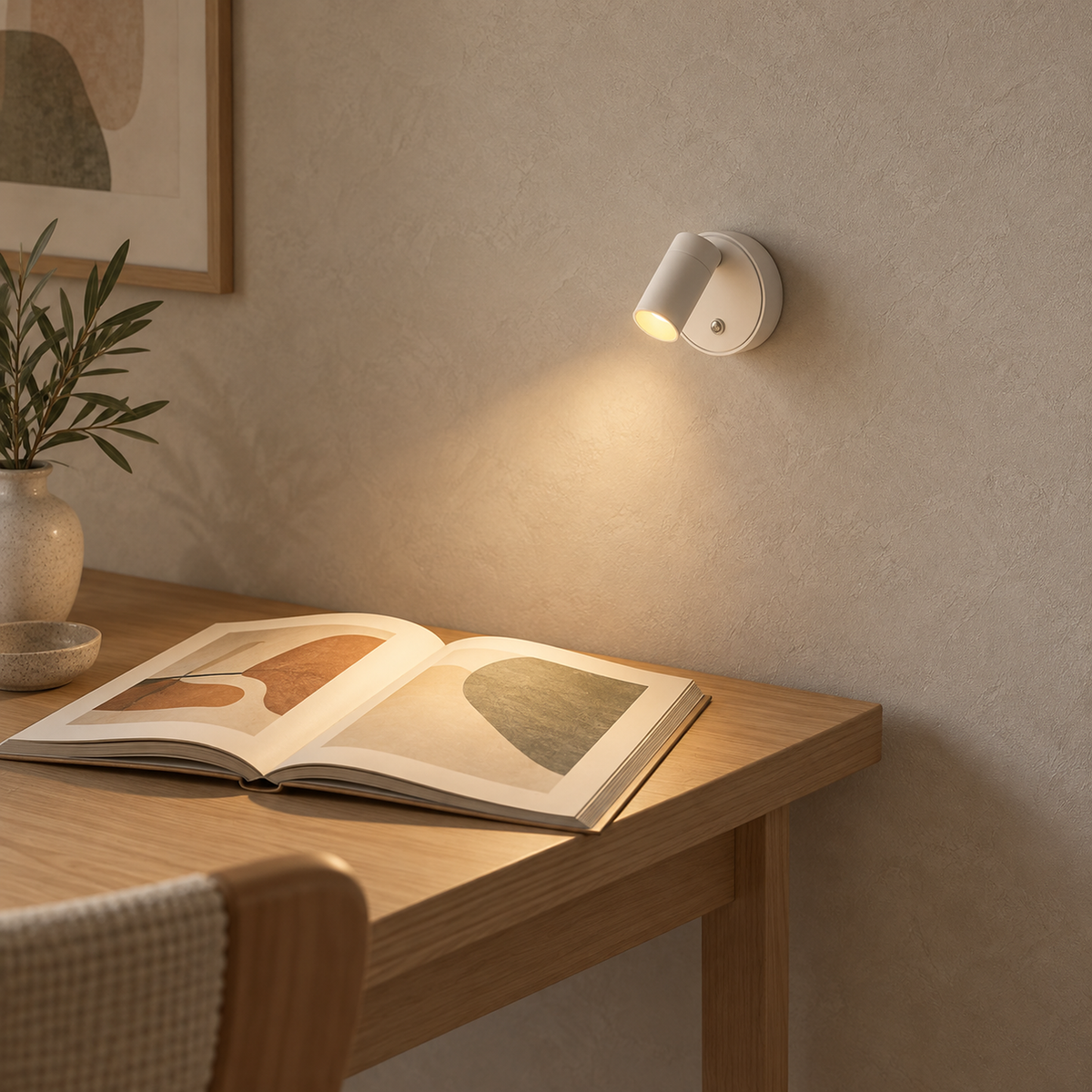 Nocarel white battery operated wall sconce lighting an open book in late afternoon daylight #color_white