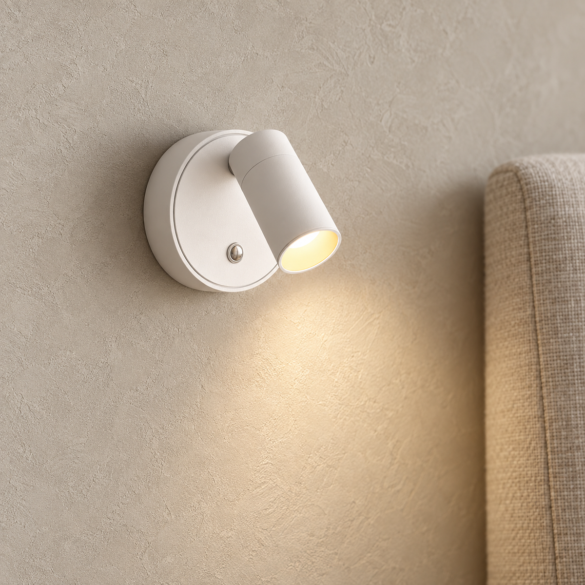 Nocarel white LED wall sconce showing its illuminated aperture and adjustable pivot head #color_white