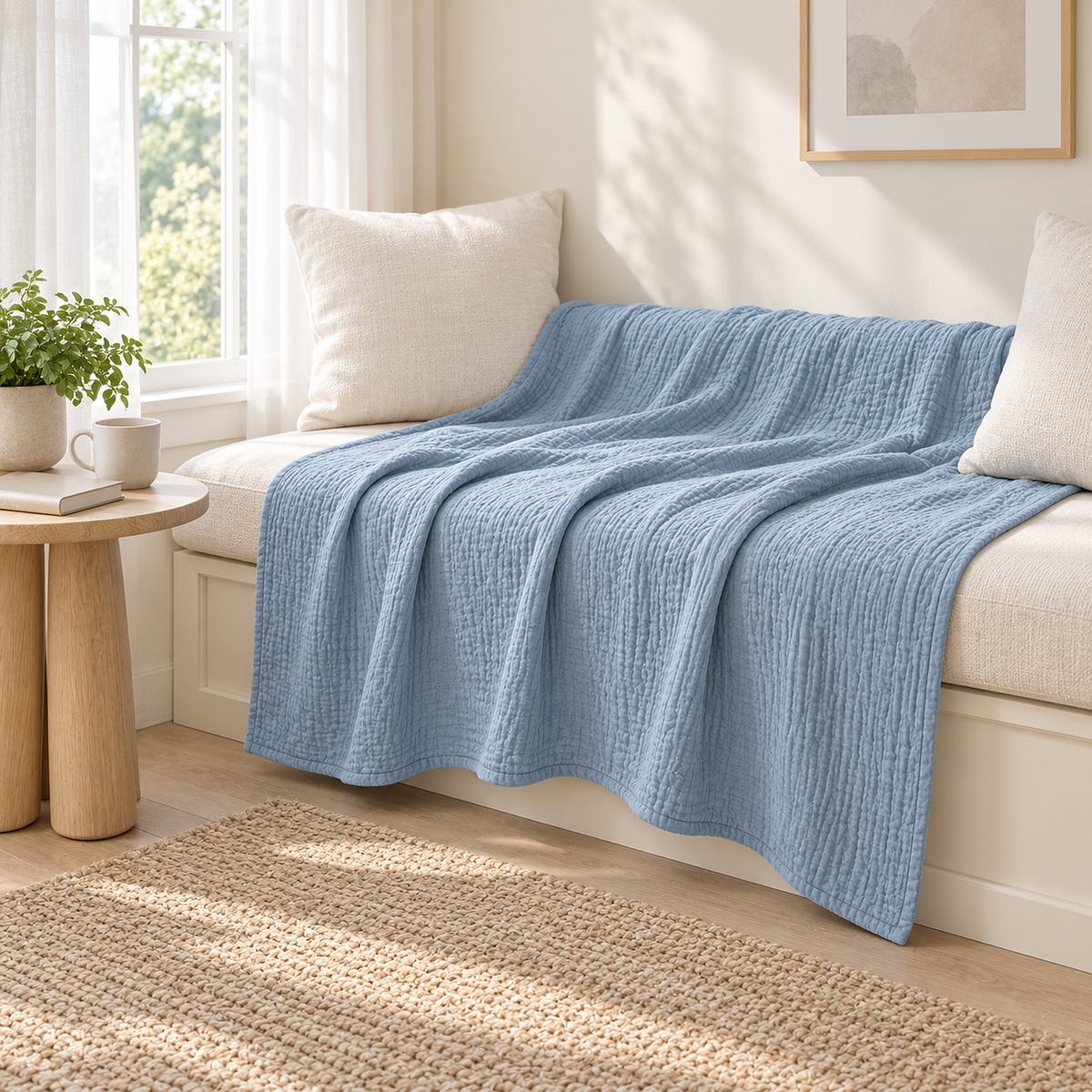 Nolavira blue cotton throw blanket opened across an ivory window seat in a sunny breakfast nook