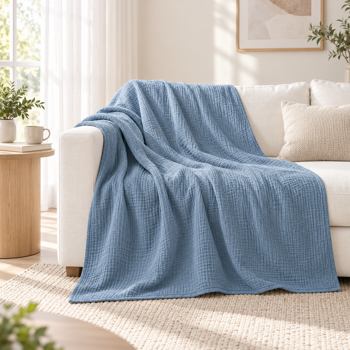 Nolavira blue throw blanket for couch draped over the arm of a white sofa in a bright living room