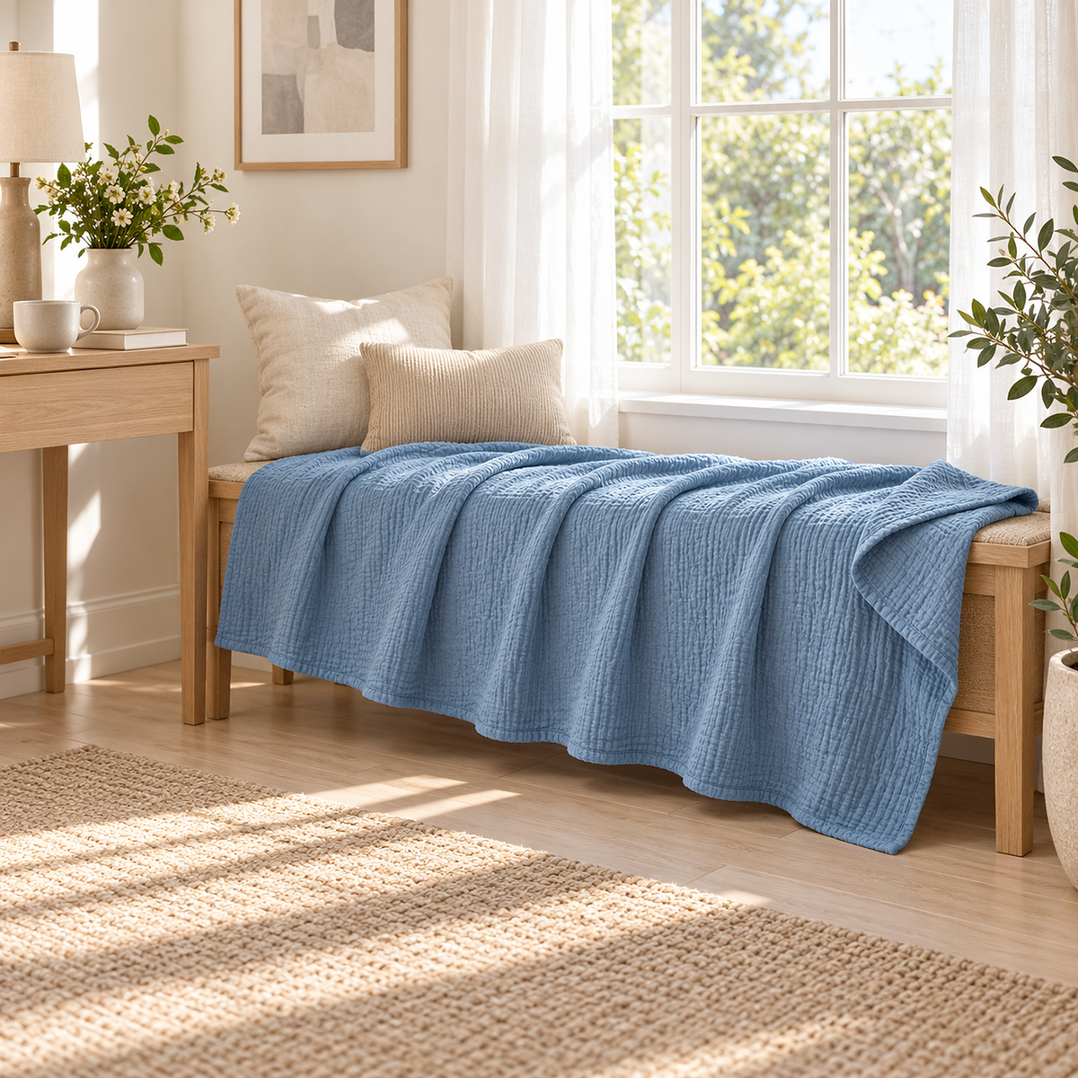 Nolavira Blue throw blanket for couch draped across a cushioned wooden bench beneath a window.