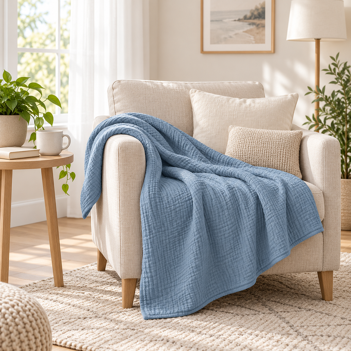 Nolavira blue throw blanket with crinkled cotton folded over the arm and seat of a reading corner armchair