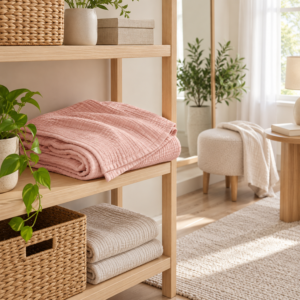Nolavira pink cotton throw blanket casually folded on a storage shelf in a dressing room #color_pink