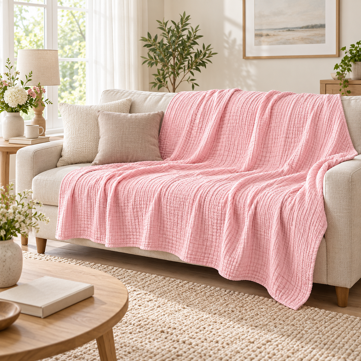 Nolavira pink throw blanket for couch spread along a three seat sofa in a bright living room #color_pink