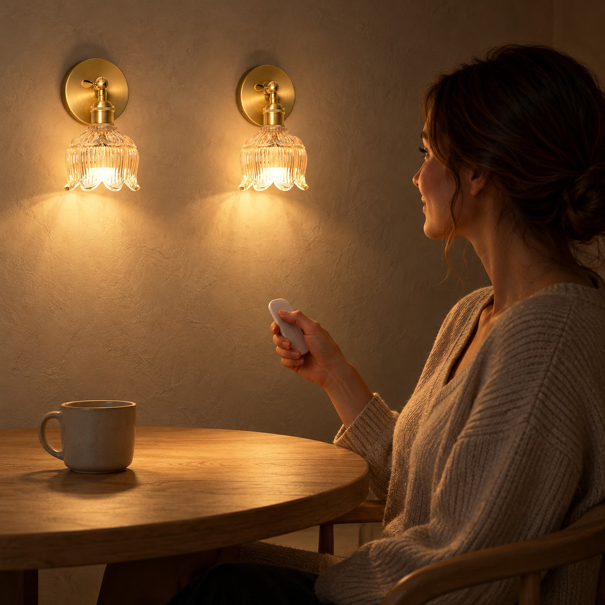 Pair of Nolavire golden cordless wall lights turned on by remote control from a breakfast nook seat