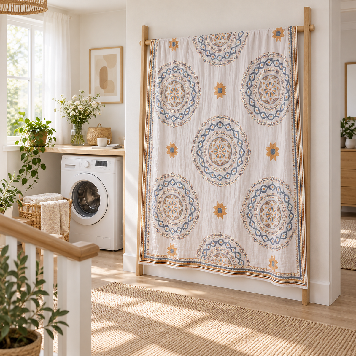 Nolemi pale cream cotton gauze blanket with blue gray and ochre medallions and stars hanging on a wooden rack