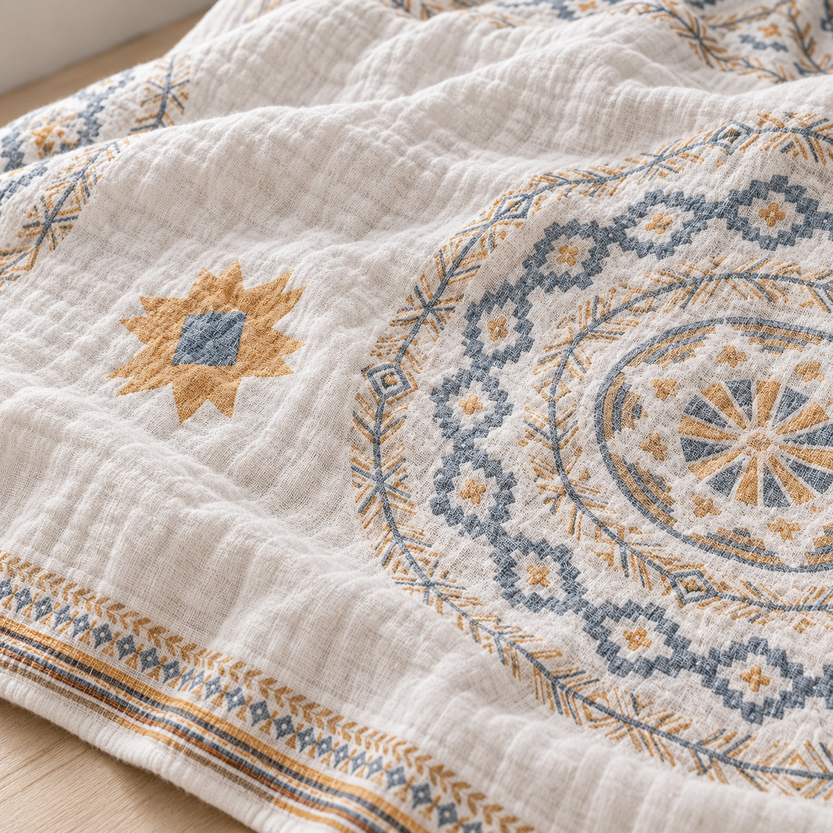 Nolemi multicolor cotton throw blanket close up of the cotton gauze surface and star motif