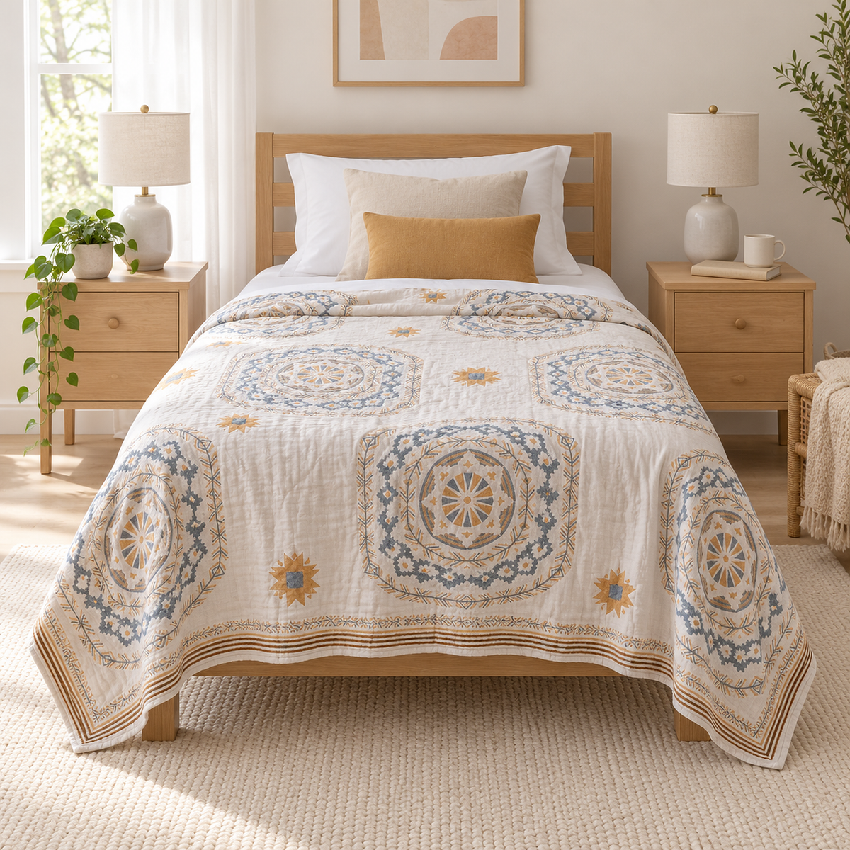 Nolemi multicolor cotton throw blanket in cotton gauze with finished edges spread across a twin mattress