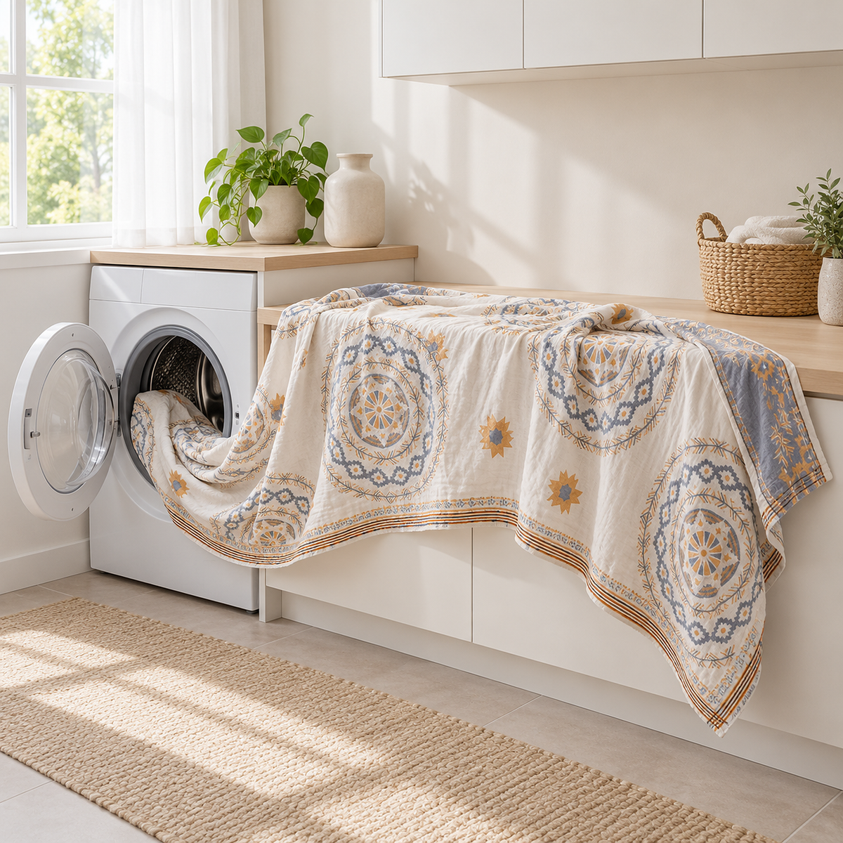 Nolemi multicolor pure cotton gauze blanket partly loaded into a home washing machine