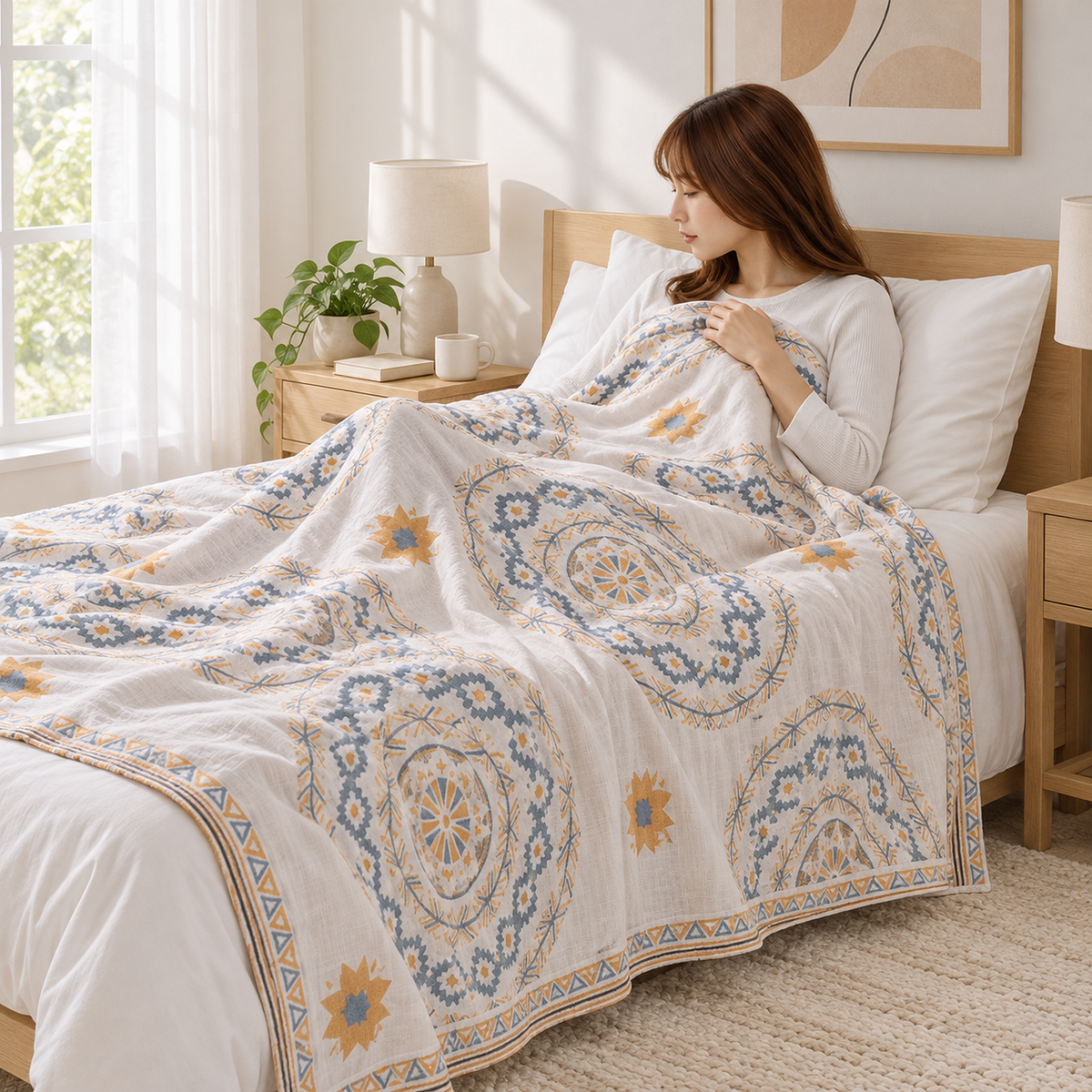 Nolemi multicolor soft throw blanket covering an adult resting in bed during a daytime nap