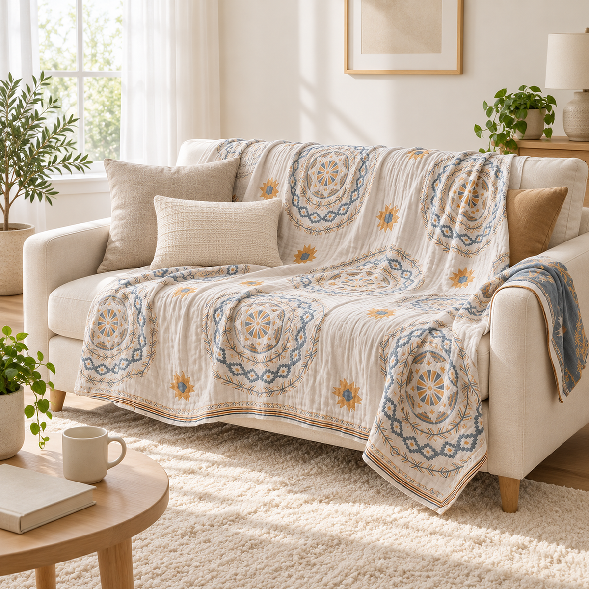Nolemi multicolor soft throw blanket draped open over a pale loveseat in a sitting room
