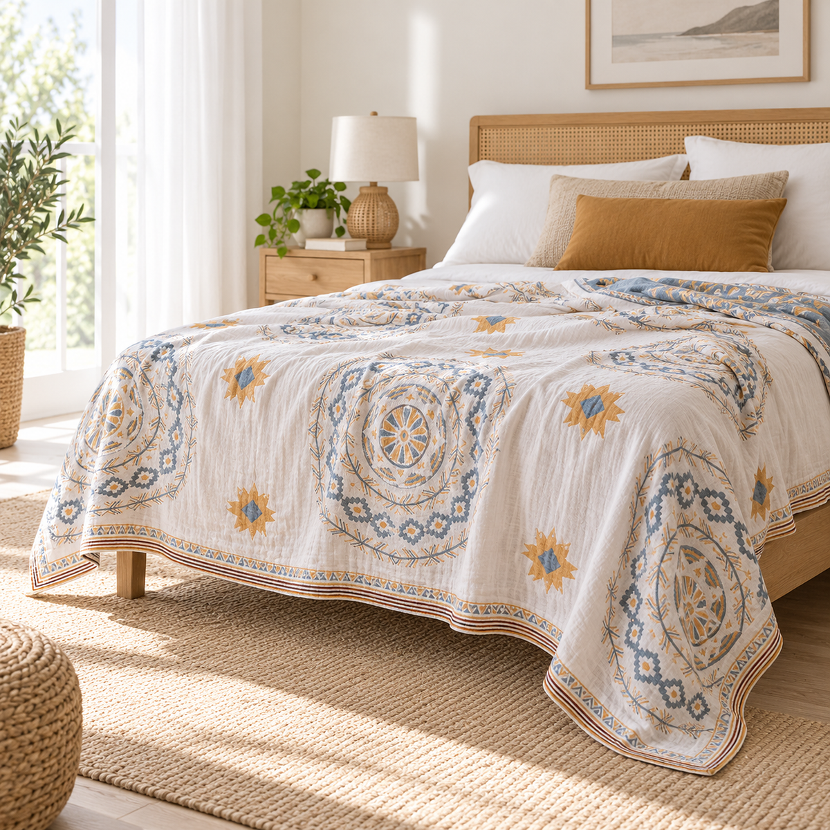 Nolemi multicolor throw blanket in cotton gauze hanging over the bed edge with finished edges