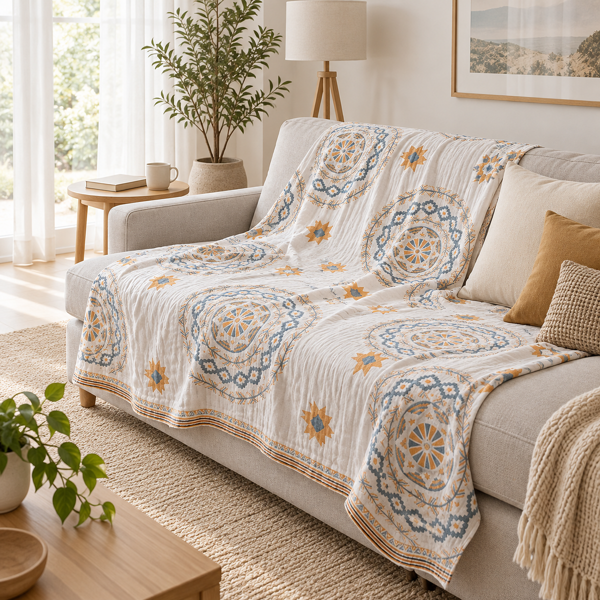 Nolemi multicolor throw blanket laid out on a sofa by the window, ready for an afternoon nap