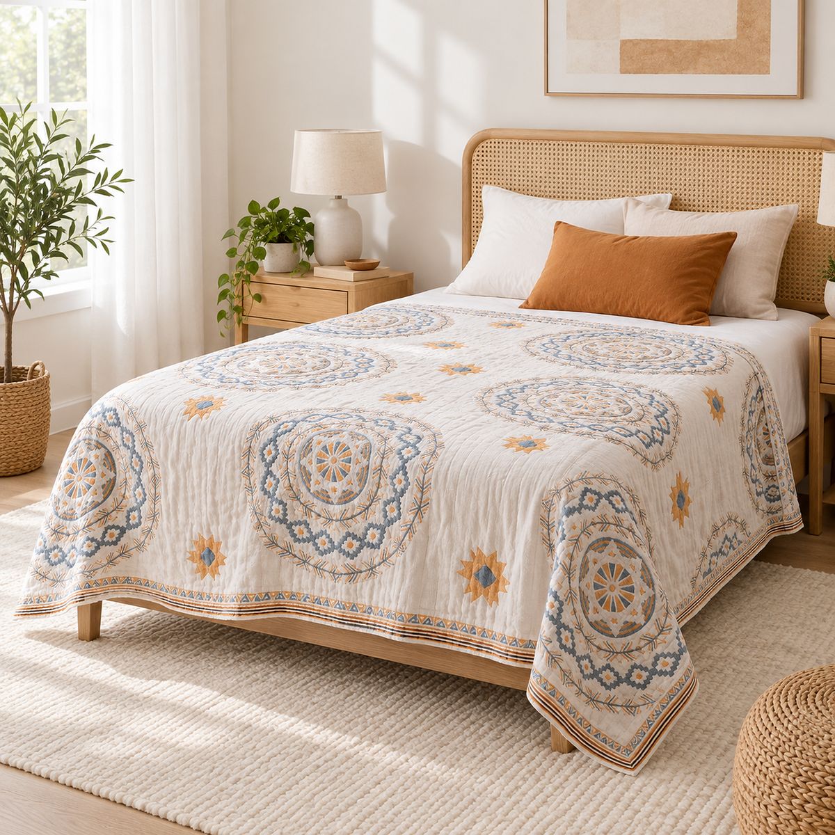 Nolemi multicolor throw blanket spread over a made twin bed in a daylit bedroom