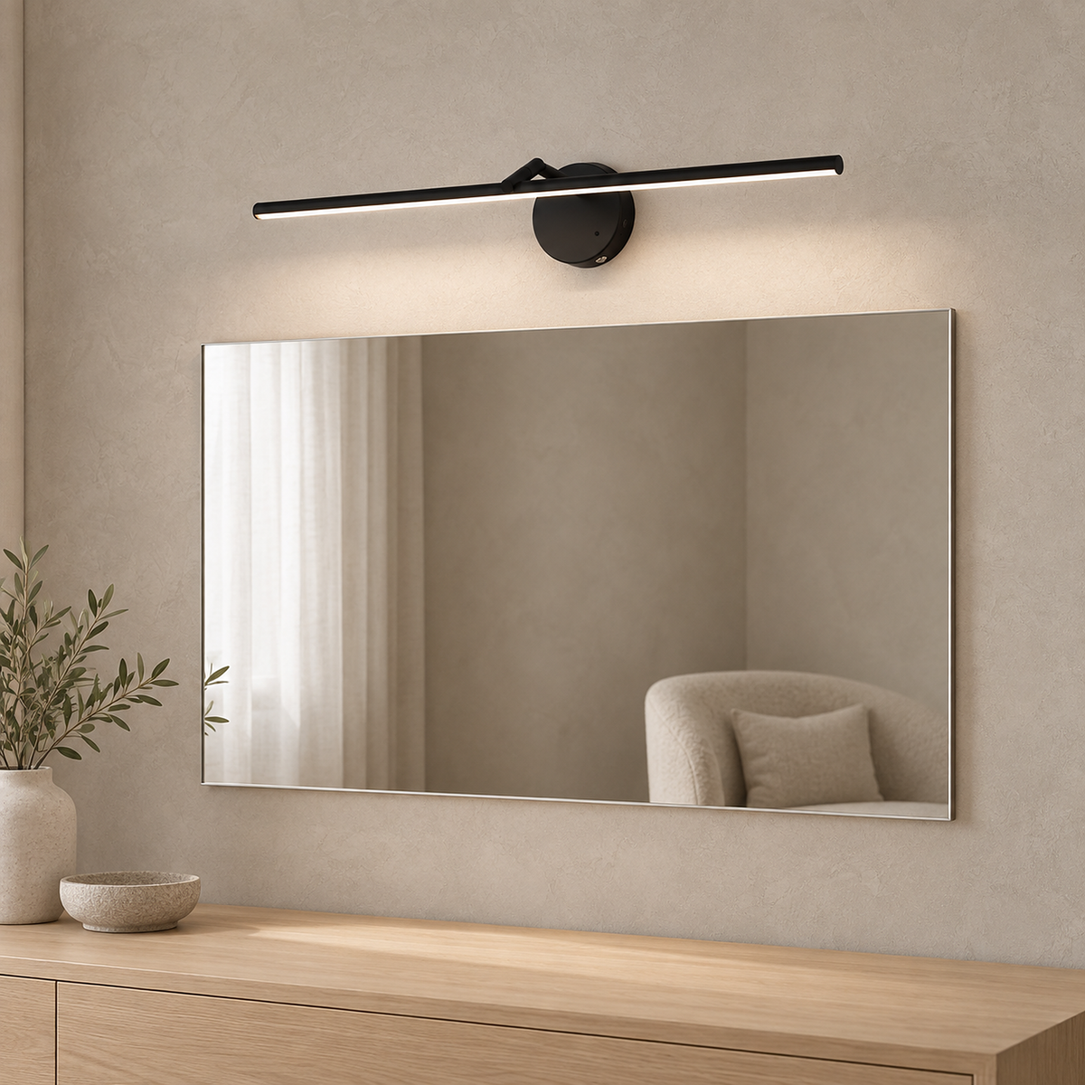Nolesira black battery operated wall sconce in the long size spanning a guest room mirror #color_black