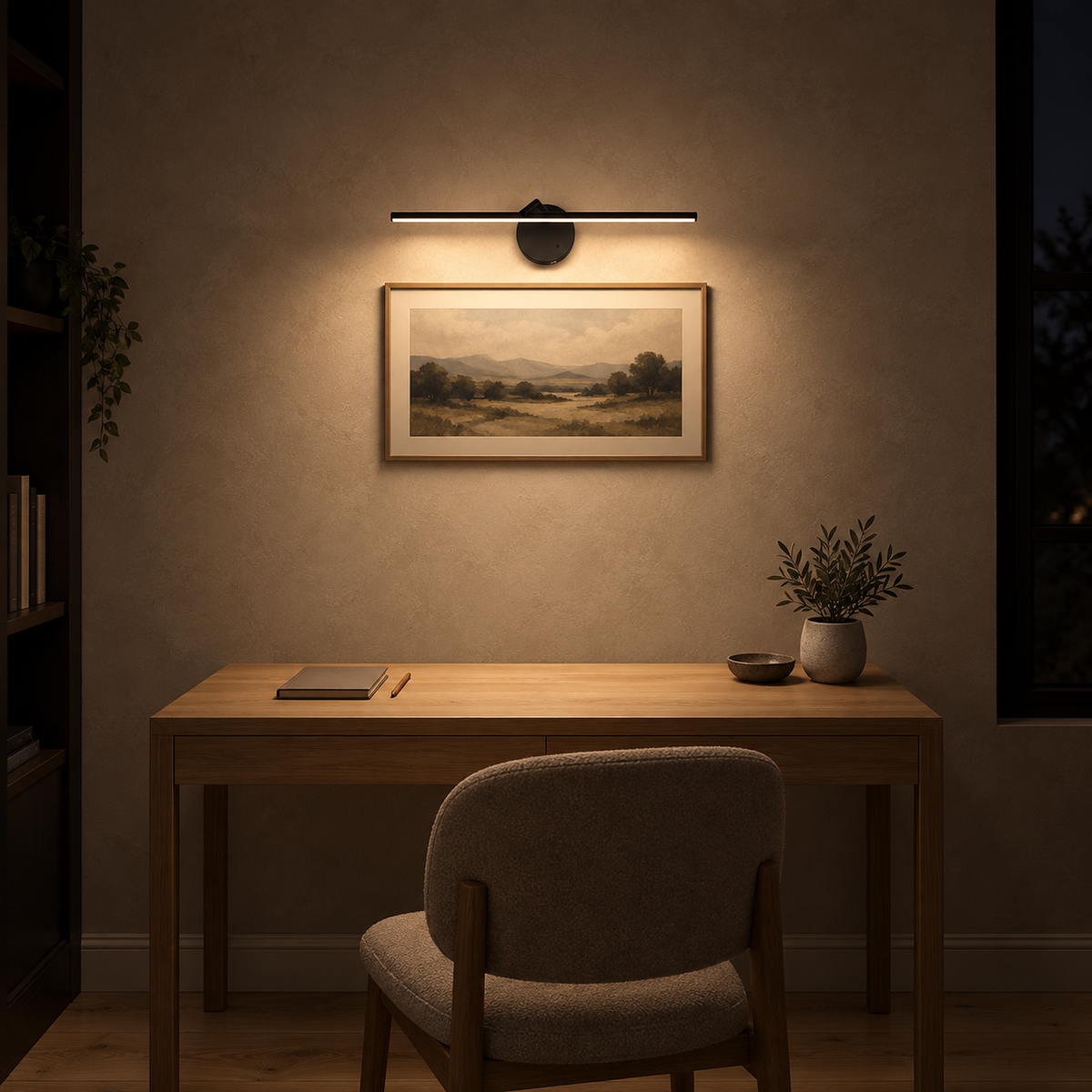 Nolesira black cordless wall lamp matching the width of a framed print above a writing desk at night