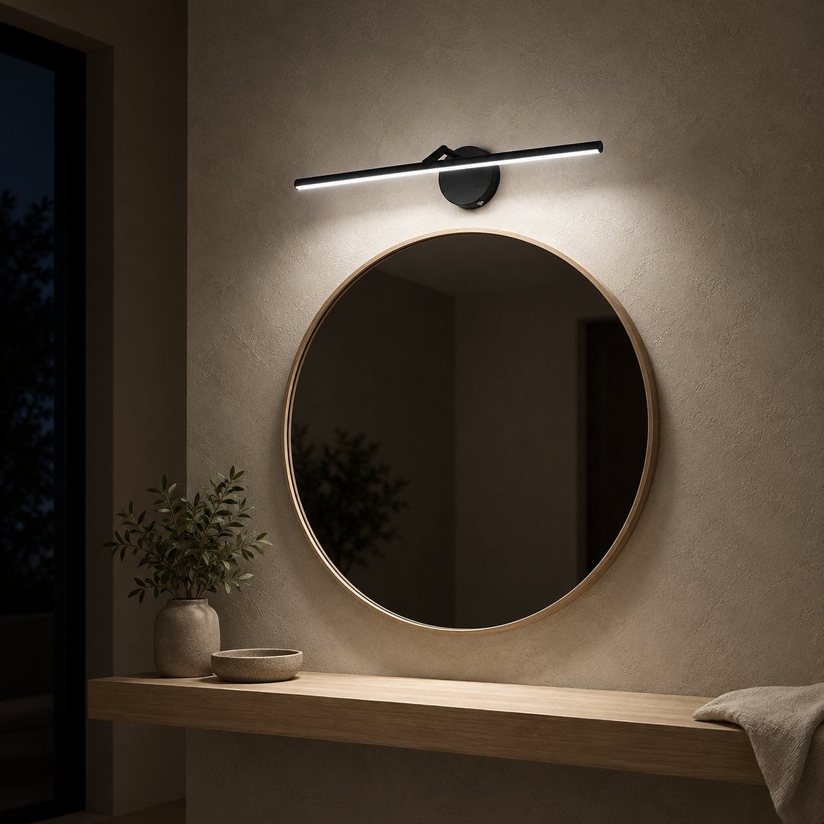 Nolesira black LED wall sconce lighting a dressing mirror softly after dark #color_black