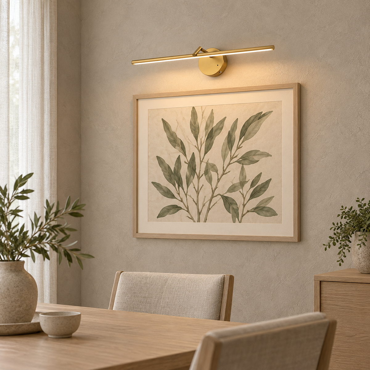 Nolesira gold cordless wall lamp lit above a framed botanical print in a dining room #color_gold
