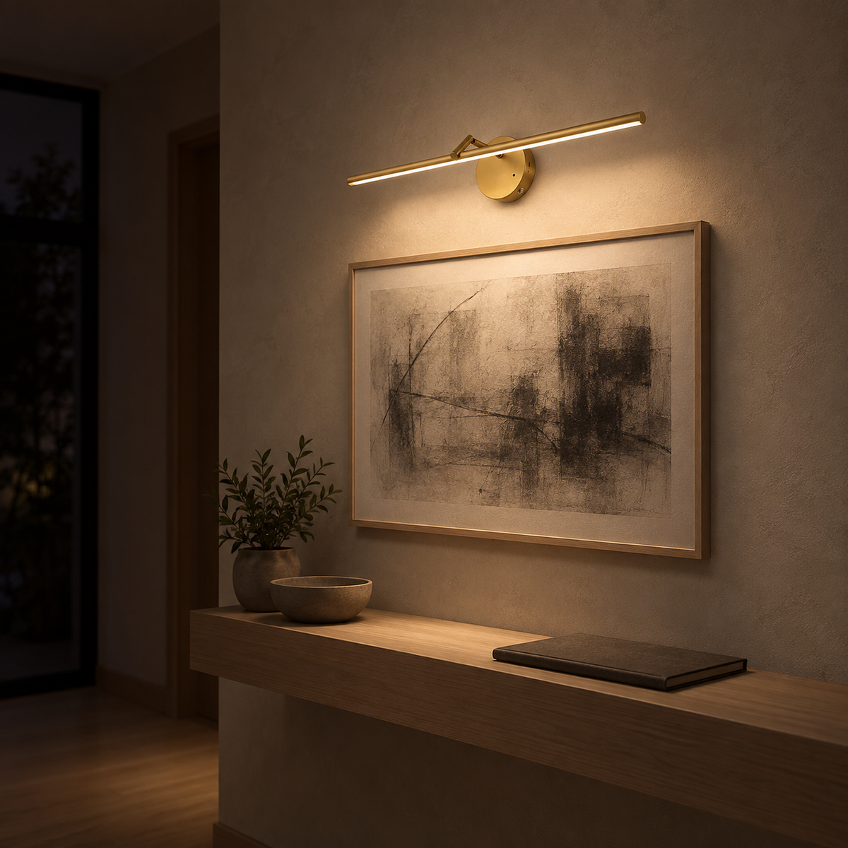 Nolesira gold LED wall sconce lighting a framed drawing in a study after dark #color_gold