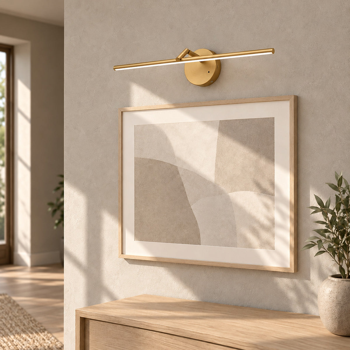 Nolesira gold rechargeable wall sconce switched off above sunlit entryway artwork #color_gold