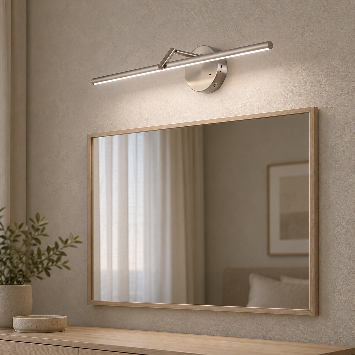 Nolesira nickel cordless wall lamp casting cooler light across a guest room mirror #color_nickel
