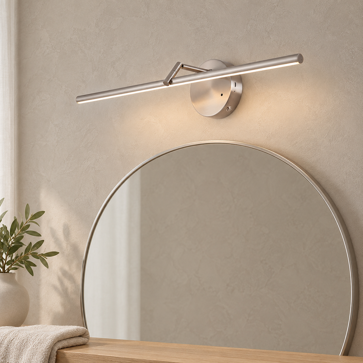 Nolesira nickel wireless wall light lit above a dressing mirror in the daytime #color_nickel