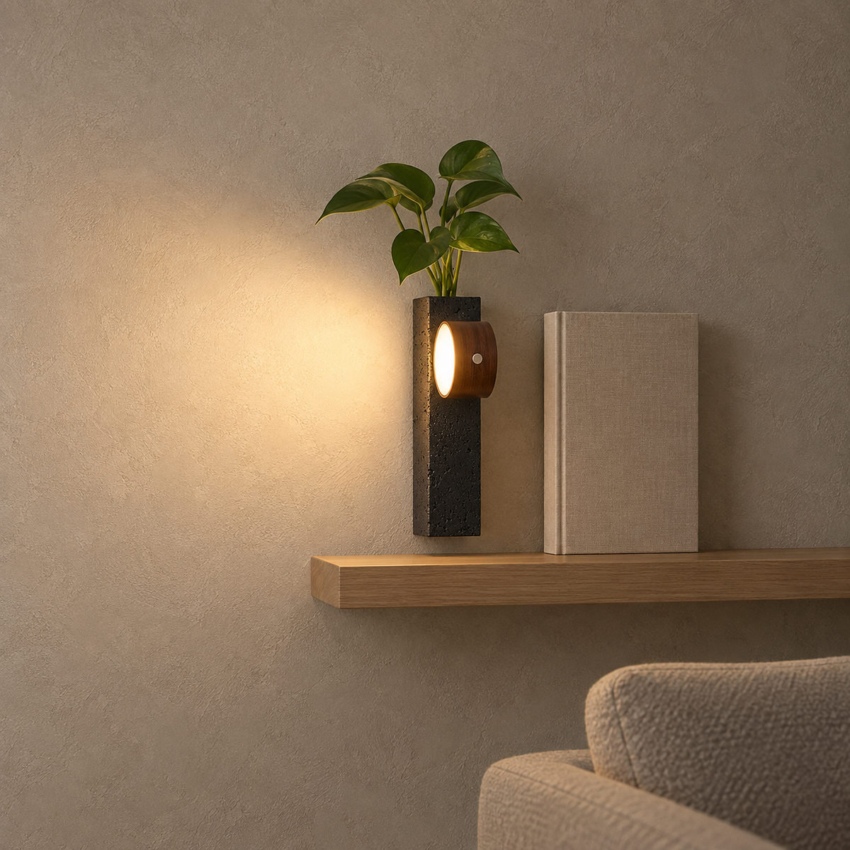 Nuvelira battery operated wall sconce in dark walnut & black travertine aimed sideways with a warm wash on plaster