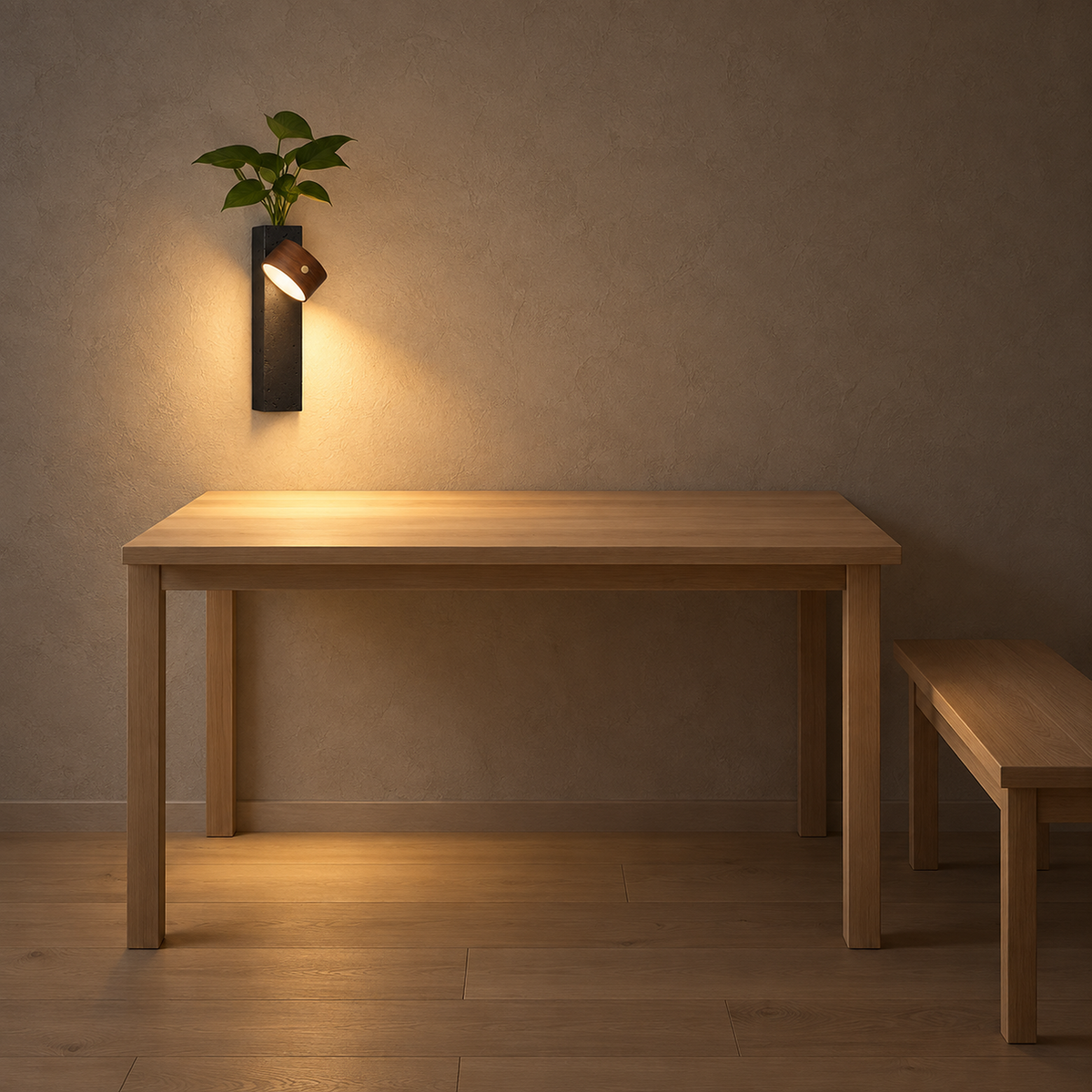 Nuvelira battery operated wall sconce in dark walnut & black travertine lighting a bare table edge at night