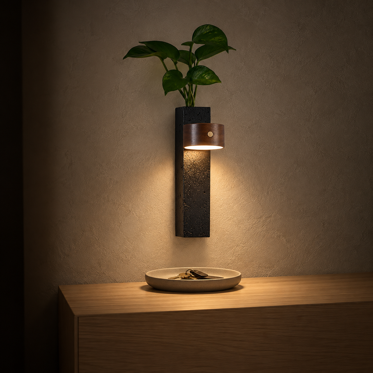 Nuvelira battery operated wall sconce in dark walnut & black travertine lighting a key dish in the entry after dark