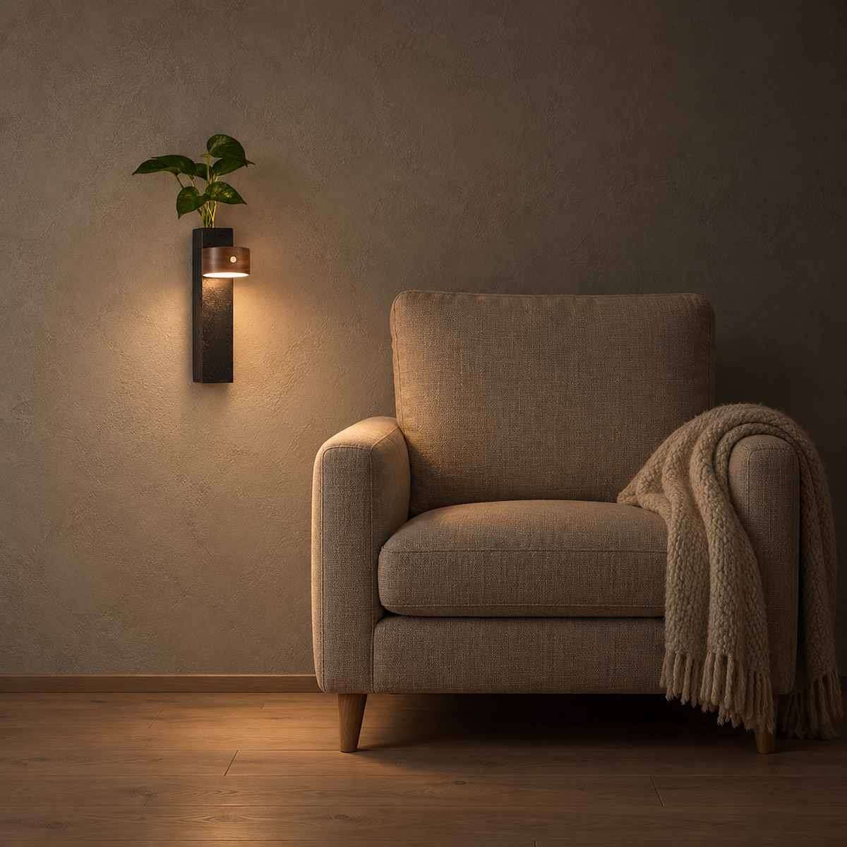 Nuvelira battery operated wall sconce in dark walnut & black travertine washing a reading nook wall at night