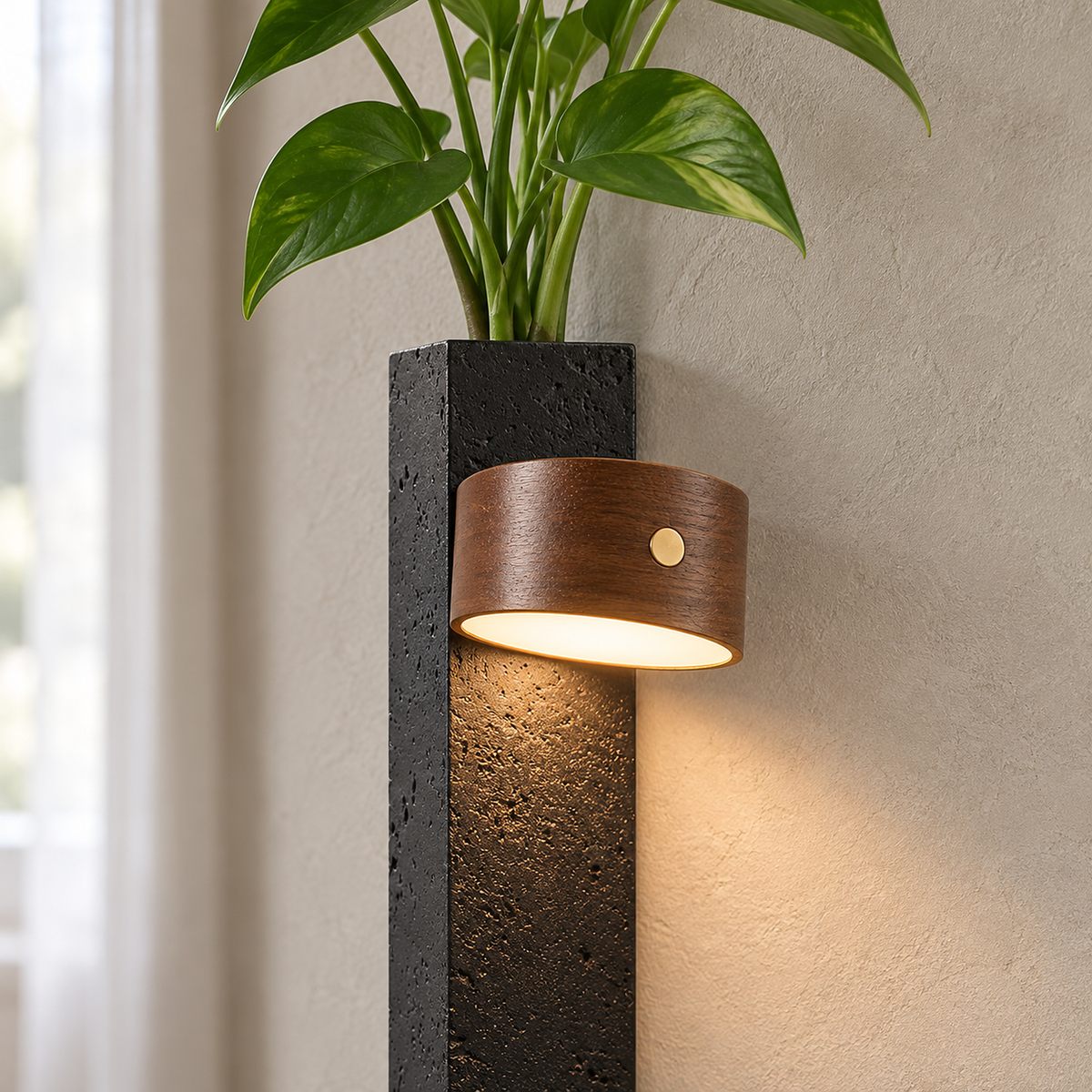 Nuvelira LED wall sconce in dark walnut & black travertine lit with green stems in the top planter