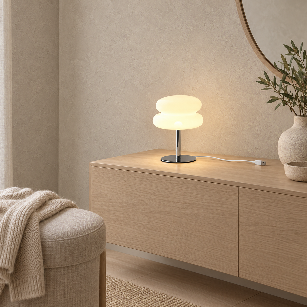 Olimena bedside lamp in pearl glowing beside folded textiles in a bright dressing room