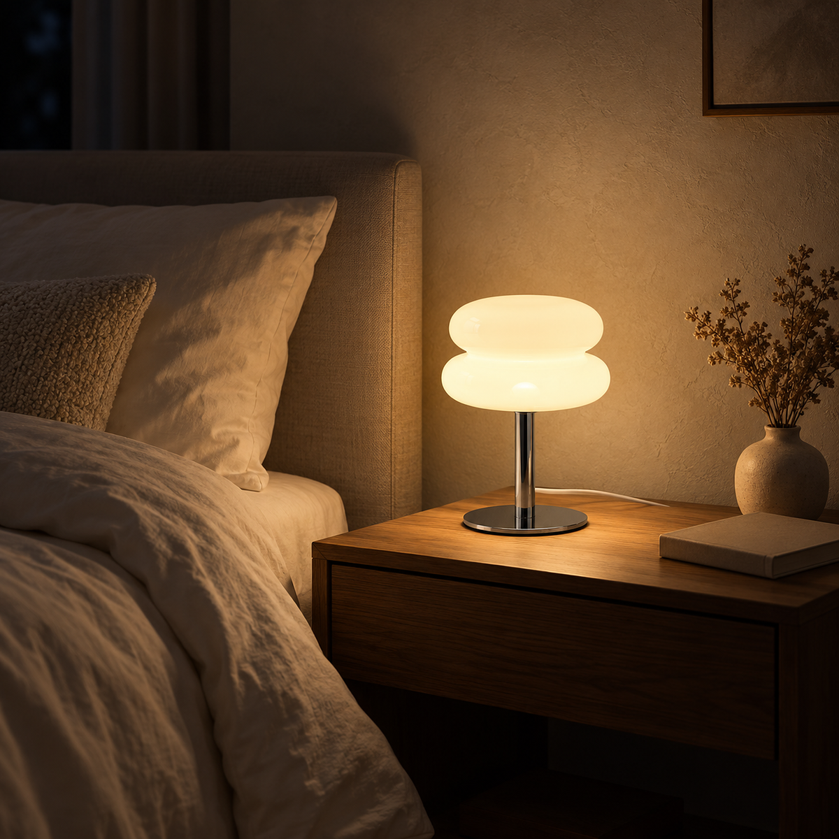 Olimena bedside lamp in pearl glowing beside the bed at night within easy reach