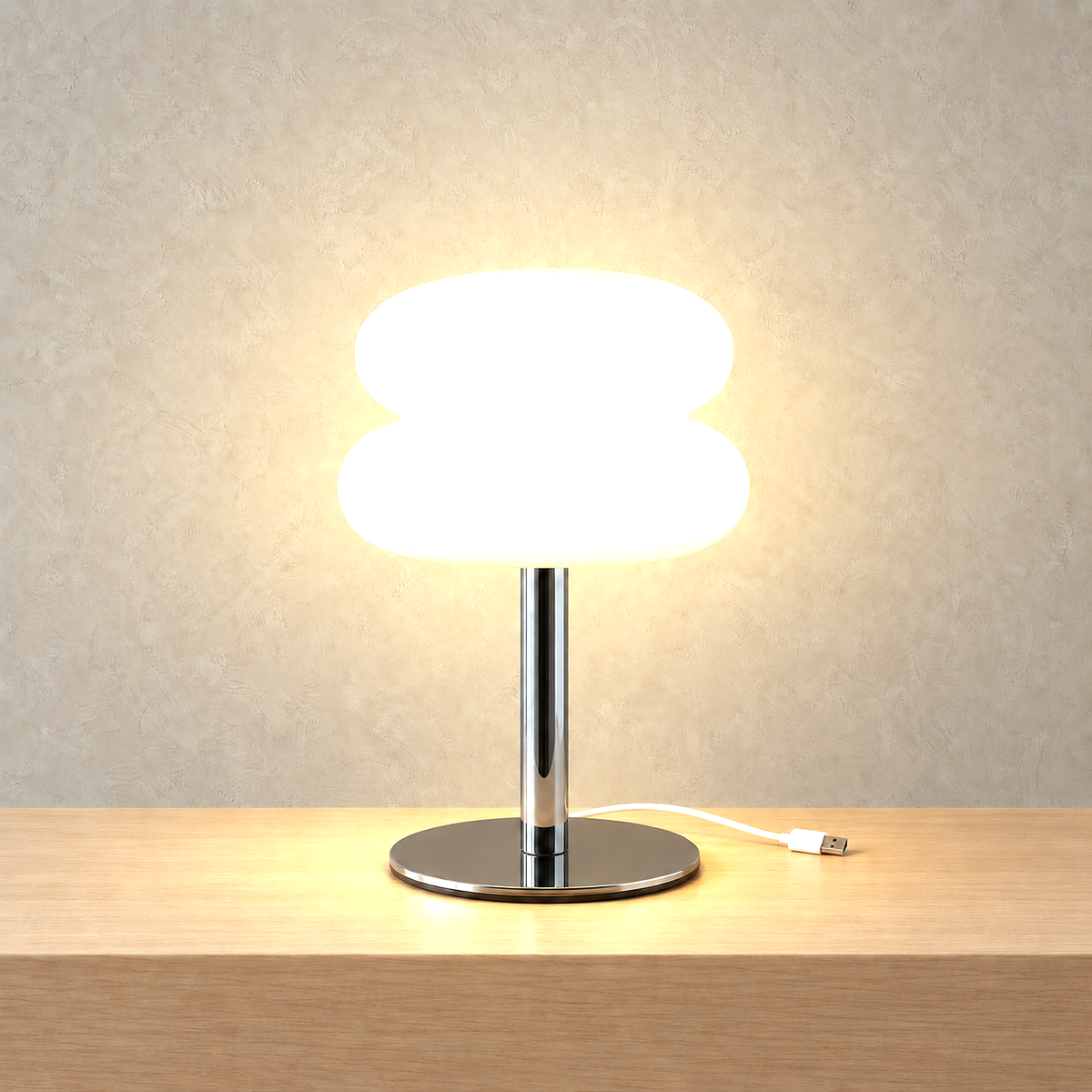 Olimena bedside lamp in pearl switched on in the same plain setting as the unlit view