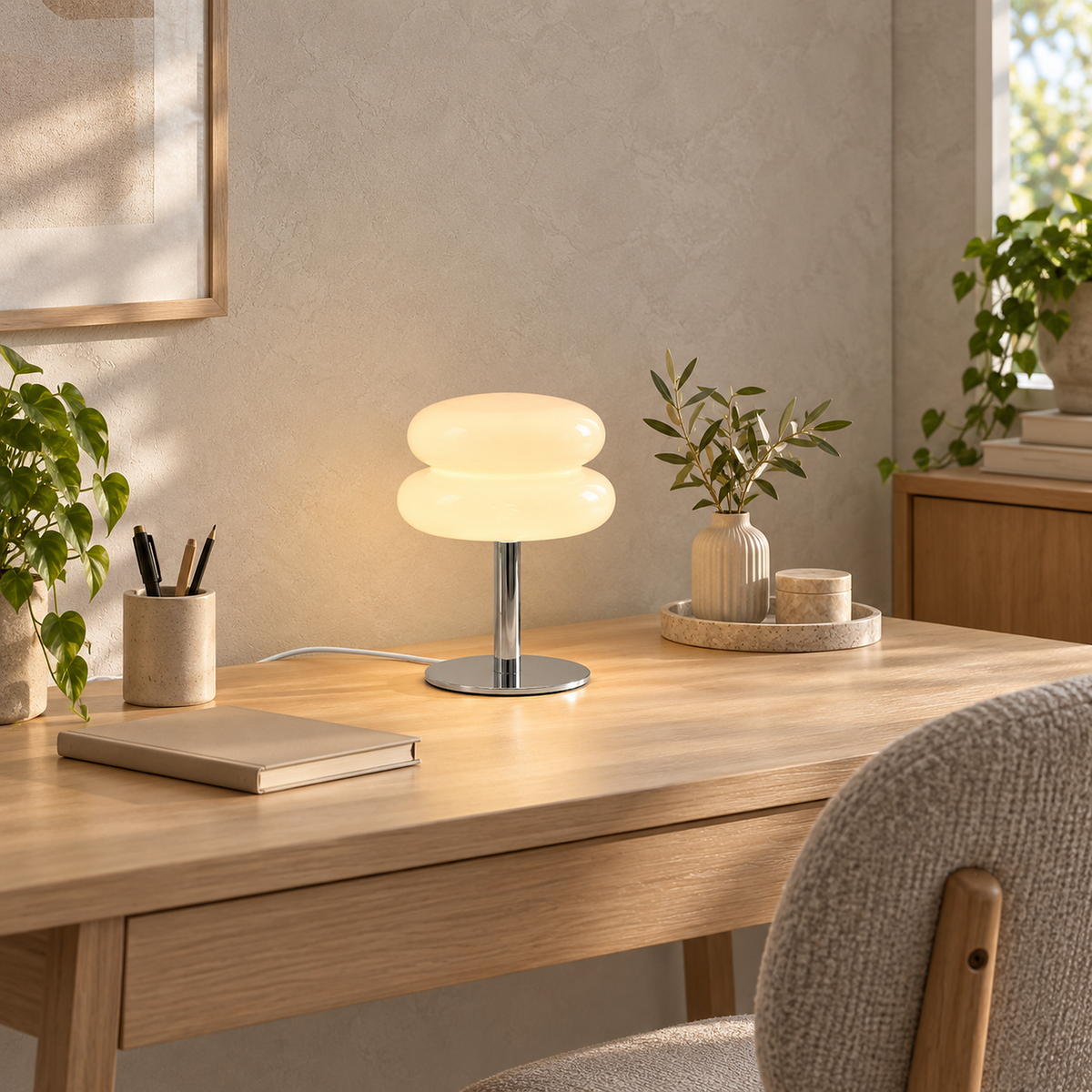 Olimena glass table lamp in pearl glowing beside a notebook on a home office desk
