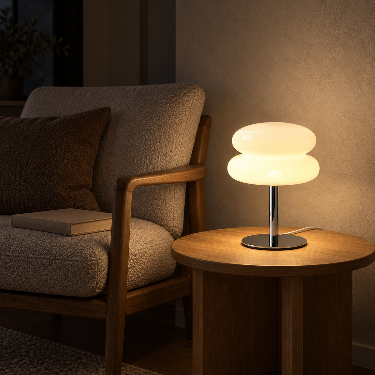 Olimena glass table lamp in pearl softly lighting a library corner after sunset