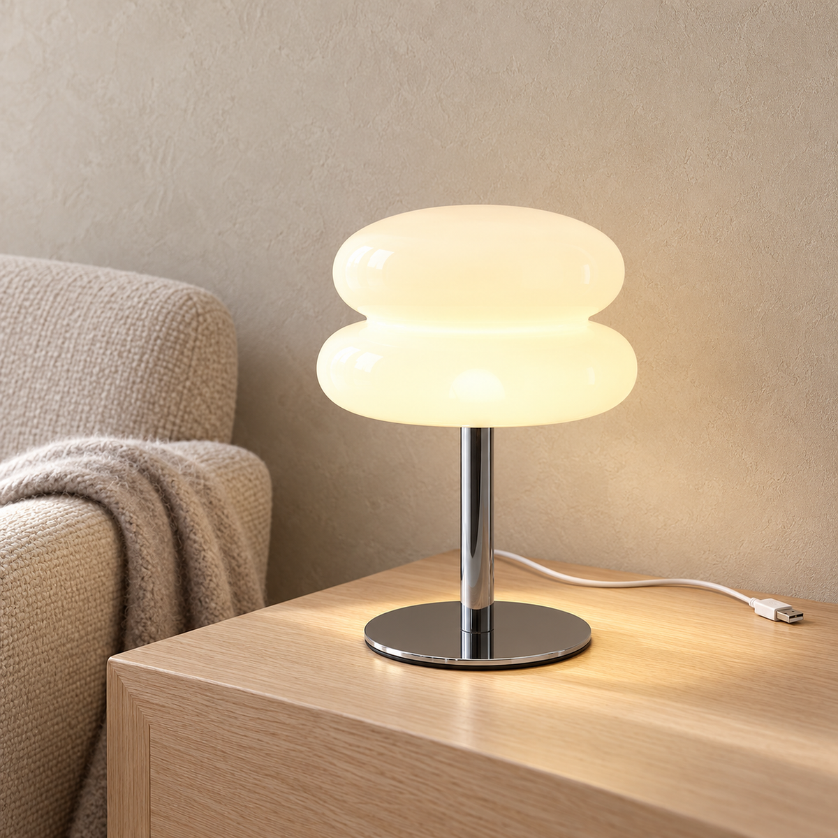 Olimena table lamp in pearl glowing beside an oatmeal library chair on a bright day