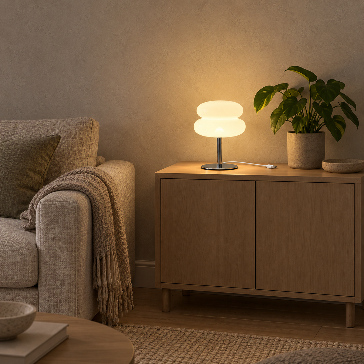 Olimena table lamp in pearl on a small living room cabinet with space to spare, 28 cm tall