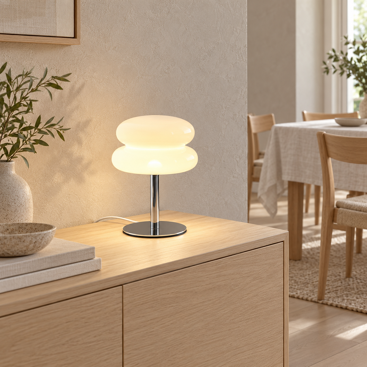 Olimena table lamp in pearl switched on, showing the polished iron base and USB power cable