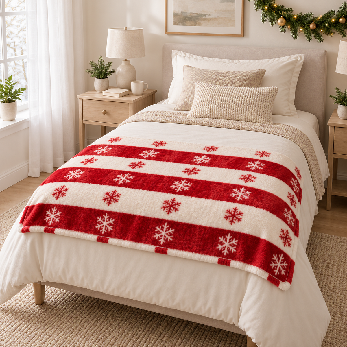 Olmarin striped snowflake christmas throw blanket in red and white laid across the foot of a guest bed as a bed throw
