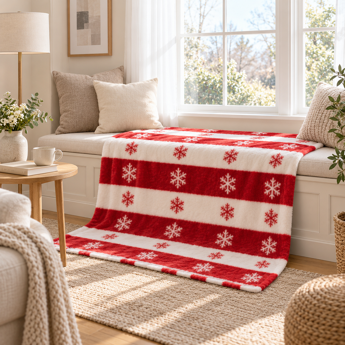 Olmarin red and white snowflake christmas throw blanket spread across a window seat and draped onto the floor