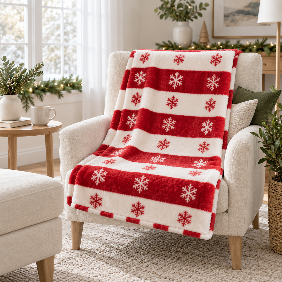 Olmarin striped snowflake throw blanket in red and white printed flannel open across an accent chair back and seat