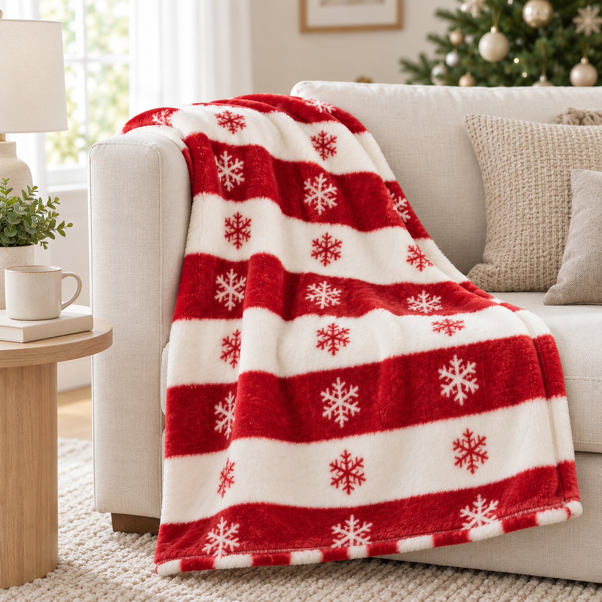 Olmarin striped snowflake throw blanket for couch in red and white draped over an ivory sofa arm
