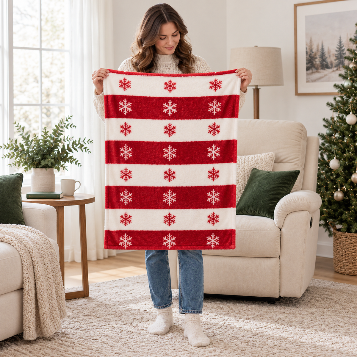 Olmarin striped snowflake throw blanket in red and white held open upright by a standing adult to show its size