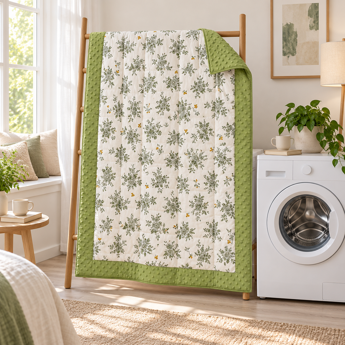 Olmesa floral cotton summer quilt, white and green cotton throw blanket hanging open with its floral face forward