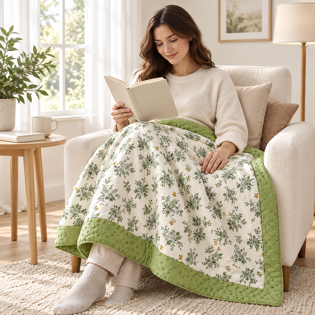 Olmesa floral cotton summer quilt, white and green soft throw blanket over an adult reading in a sunroom chair