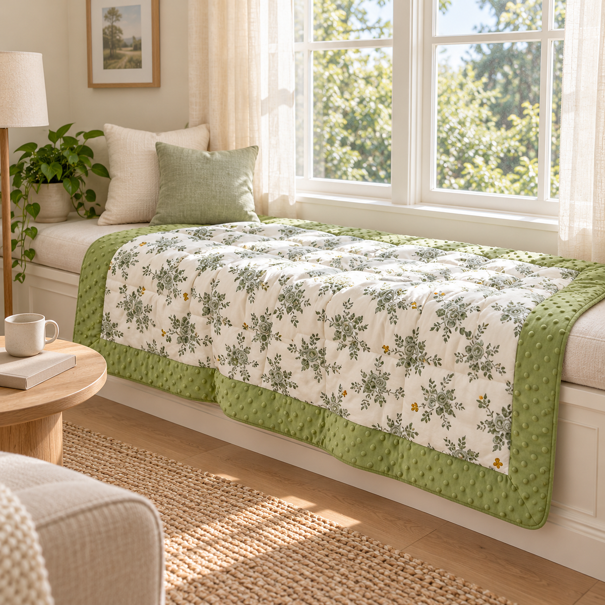 Olmesa floral cotton summer quilt, white and green soft throw blanket open across a bright upholstered window seat