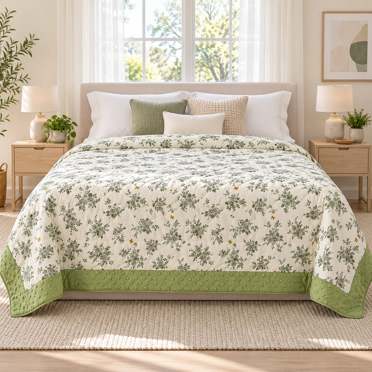 Olmesa floral cotton summer quilt, white and green summer quilt spread over a neatly made bed